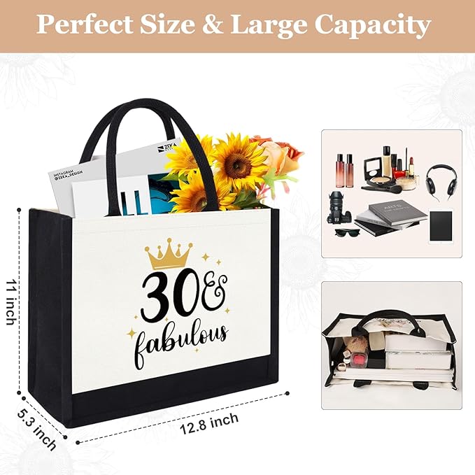 GevGuxLuo 30th Birthday Gifts for Women Canvas Tote Bag, 30 Years Old Birthday Gifts for Mom Wife Aunt Friends Her,Turning 30 Beach Bag Reusable Grocery Bag 30 fabulous Women Tote Bag