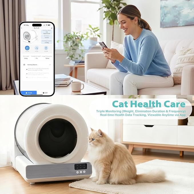 Stainless Steel Self-Cleaning Cat Litter Box, Smart APP Control Automatic Litter Box with Safety Sensors, Odor Control, Low-Entry, Large Capacity Design for Multiple Cats (White)