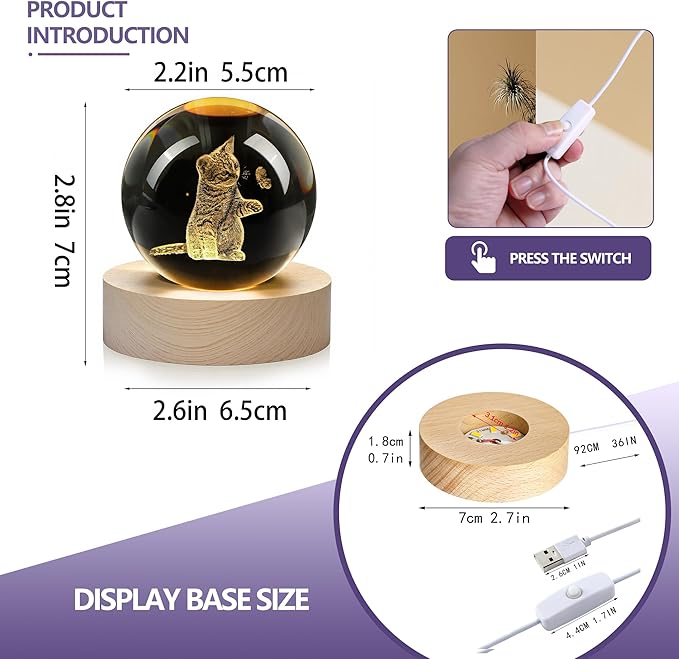 2.3in Crystal Ball for Cat Lovers 3D Glass Engraved Cat Decorative Night Light with Wooden Light Base for Birthday Wedding Housewarming