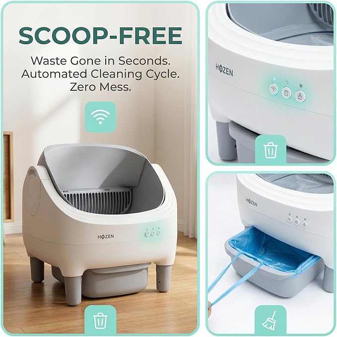 HOZEN Open Top Automatic Cat Litter Box - Self-Cleaning, Odor-Free, App-Controlled, 76L Capacity for Stress-Free Feline Care