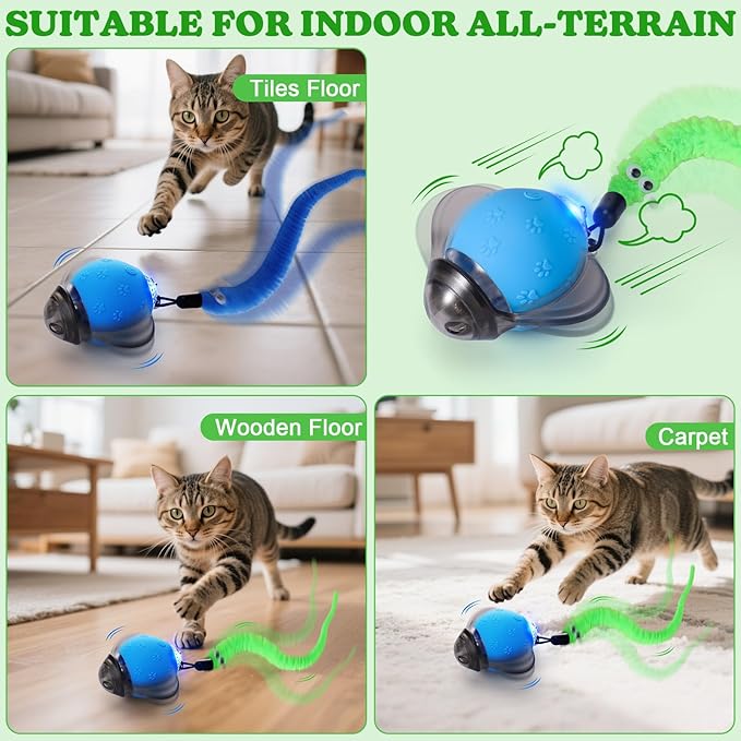 BABORUI Interactive Cat Toy Ball - Automatic Interactive Cat Toys for Indoor Cats with 2 Tails, 3 Speeds Rechargeable Cat Enrichment Toys for Small/Medium/Large Cats to Keep Them Busy