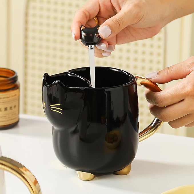 Yuwu 17oz Black Cat Mug with Built-in Filter and Spoon-Glossy Ceramic Tea kitty Mug for Cat Lovers-Elegant Gift for Men, Women, Office, Birthday, Halloween, Christmas