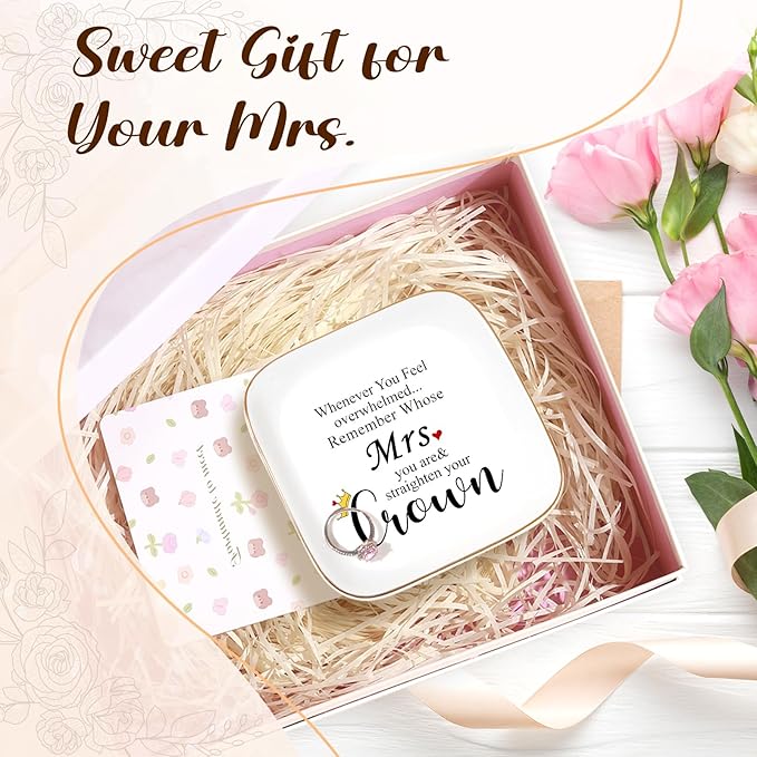 PUDDING CABIN Mothers Day Gifts for Wife Mrs. Jewelry Dish - Remember Whose Mrs. you are & Straighten Your Crown - Engagement Wedding Ring Holder Jewelry Tray, Anniversary Birthday Gift for Wife