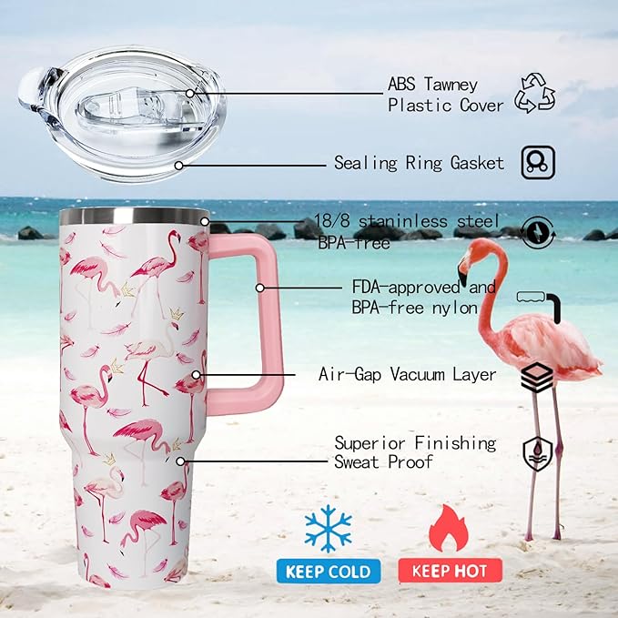 40 oz Pink Flamingo Tumbler with Handle, Lid and Straw - Flamingo Gift for Women - Coffee Mug, Water Bottle