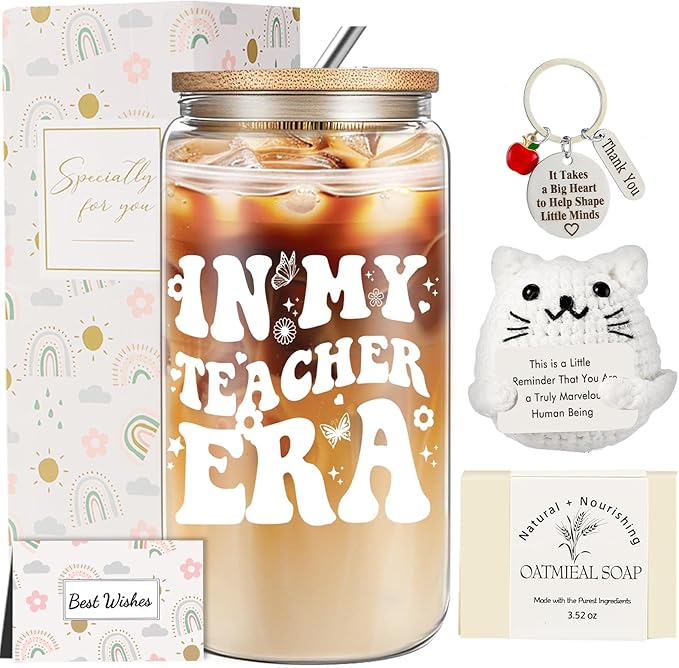 Teacher Christmas Gifts for Women, Teacher Appreciation Gift, End of Year Best Teachers Thank You Retirement Gifts Set with 16oz Glass Cup