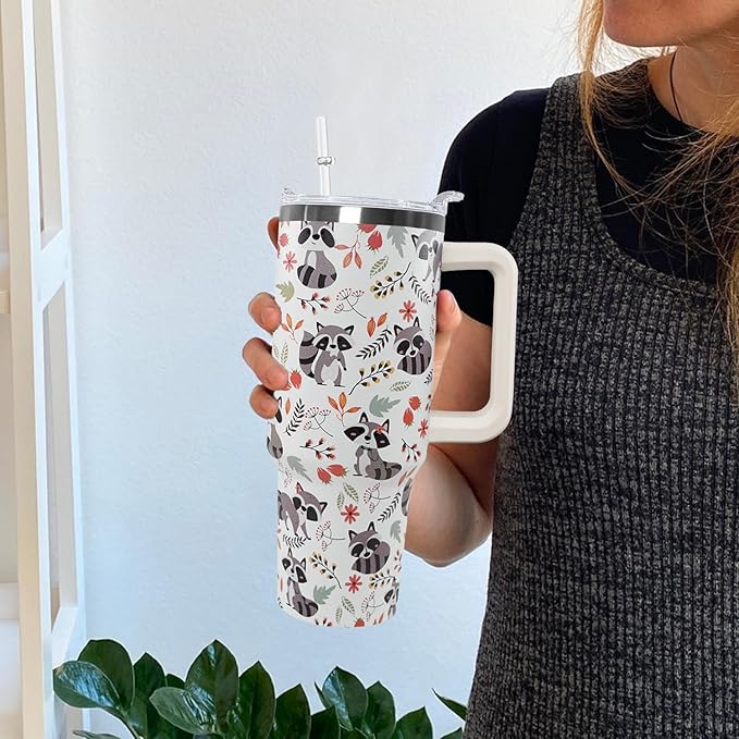 Ceovfoi 40 Oz Racoon Tumbler With Handle, Coffee Travel Mug Cup Water Bottle, Racoon Decor, Gifts for Women