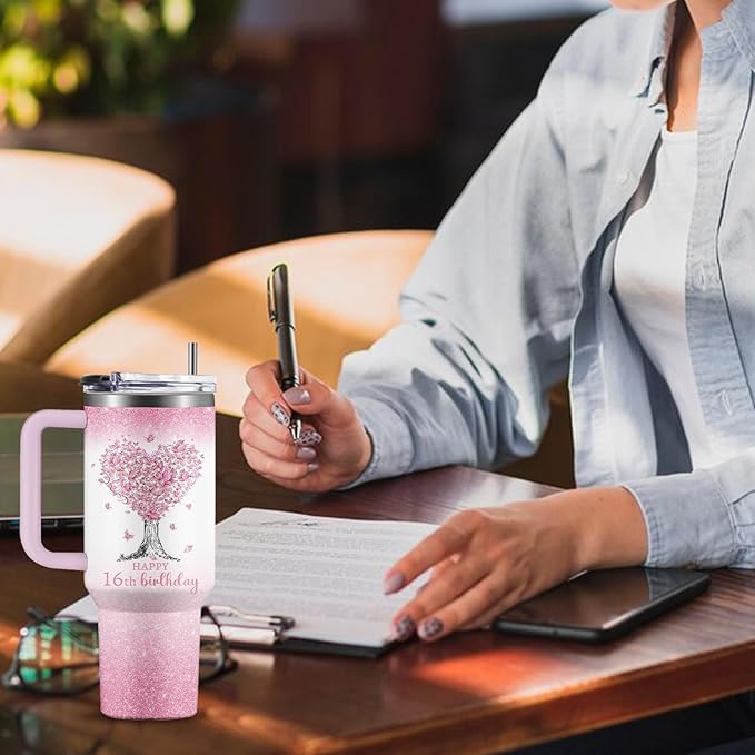 Gifts for 16 Year Old Girl - 16th Birthday Tumbler 40 oz with Straw, Pink Insulated Cup - Cool Birthday Present for Teen Girls, Daughter, Sweet 16 Gift