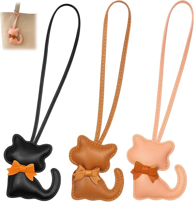 CZFSWT 3PCS Cat Bag Charm Set, Purse Charm, Leather Bag Charms Suitable for Handbags, Backpacks and Keys, Gift for Cat Lovers