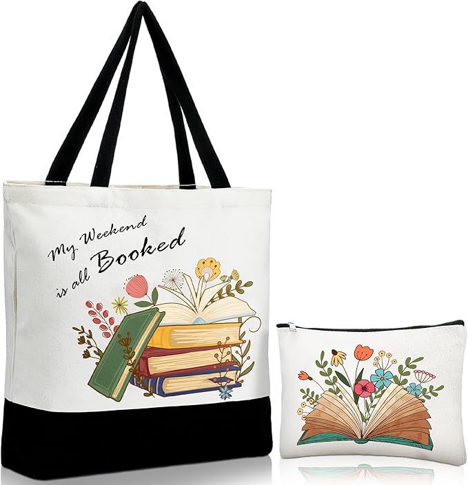 Cunno 2 Pcs Book Tote Bags Purse Set Book Lovers Gifts Canvas Tote Bags Librarian Bookish Birthday Gifts