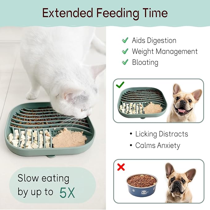 Slow Feeder Dog Bowl for Medium & Small Pets, Anti Choking Pets Slow Feeder with 3-Zone Puzzle Design, Wet Food Silicone Cat Bowl with Non-Slip Base, Dishwasher Microwave Safe(Green, 1.5 Cup)