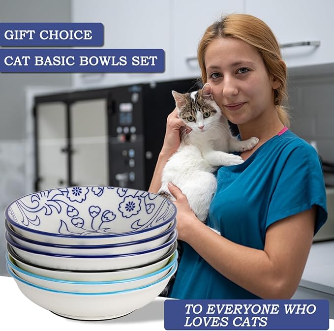 Ceramic Cat Bowls with Non-Slip Silicone Bottom,Prevent Whisker Fatigue,Reduce Mess,Wide Cat Bowls for Indoor Cats,6 Colorful Set for Daily Feeding Gift Choice (Classic)