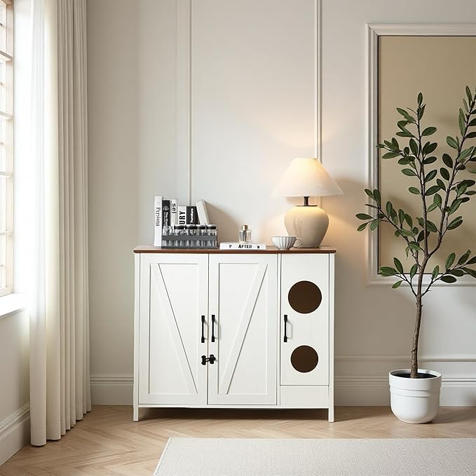 Large Litter Box Enclosure with Cat-Exclusive Dog-Proof Entrance, Litter Cabinet with Power Outlet and Litter Collector, for Placing Cat Robot 3/4 (Antique White)