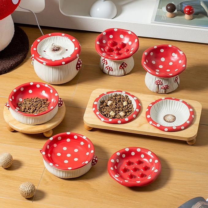 Ceramic Slow Feeders Cat Bowl Set with Wooden Stand, Elevated Pet Slow Dishes Protects Pet's Gut and Neck, Suitable for Kittens and Pubby to Eat Dry and Wet Food