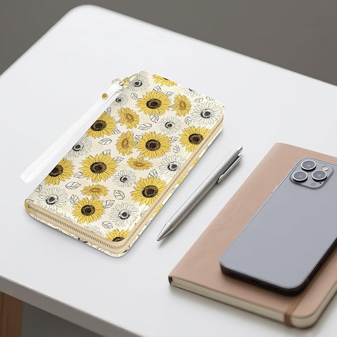Womens Wallet, Sunflower Wristlet Wallet For Women, Vintage Floral Card Holder Purse, Birthday Christmas Graduation Gifts For Women, Vintage Sunflower Aesthetic Office Daily Purse