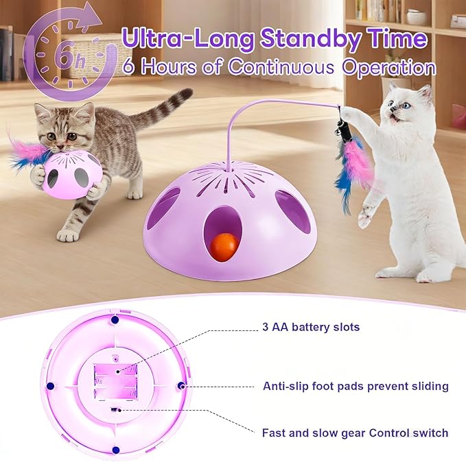 Cat Toys 3in1 Automatic Interactive Cat Toy for Indoor Cats,Interactive Kitten Toy, Fluttering Feather, Track Balls, Rotating Track Feather Enrichment Kitty Toys (Pink)