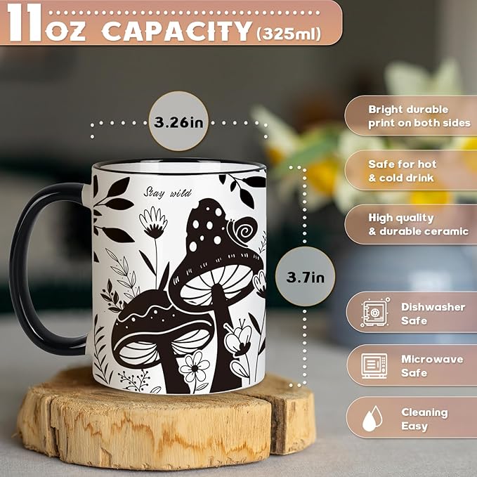 Mushroom Gifts for Women, 11 Oz Boho Coffee Mug, Mothers Day Birthday Gift for Woman, Hippie Gifts for Women, Mushroom Cup, Cute Coffee and Tea Mug Microwave & Dishwasher Safe