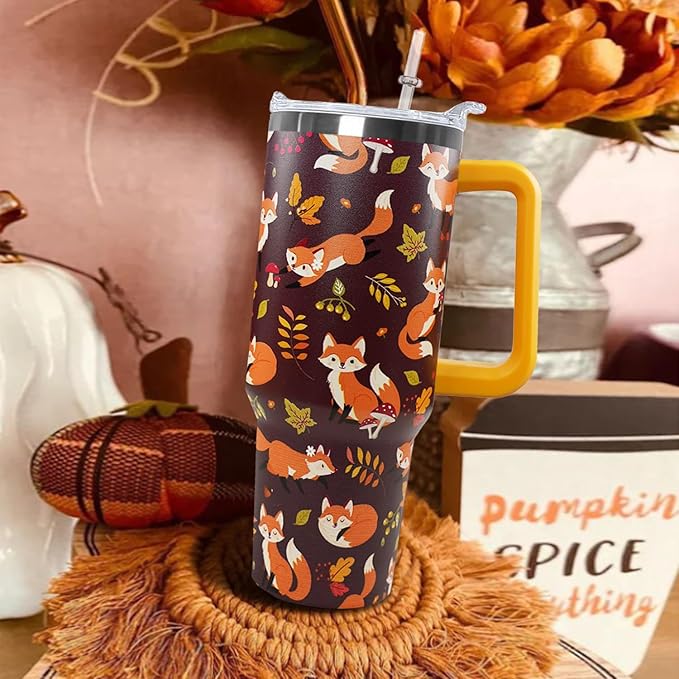 Ceovfoi 40 oz Fall Fox Tumbler With Lid and Straw, Travel Mug Cup Water Bottle, Gifts for Fox Lovers, Decor Accessories