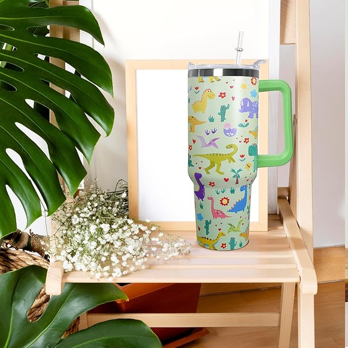 Stainless Steel Dinosaur Tumbler - 40 oz, Coffee Travel Mug with Lid and Straw, Perfect Dinosaur Gifts for Women