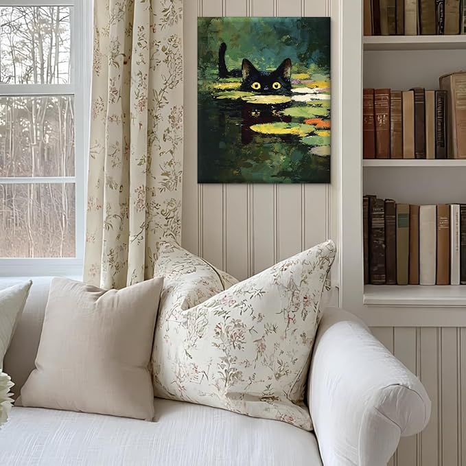 Vintage Cat Pond Wall Art Decor Funny Kitten in Lily Pond Print Picture Cat Lover Gifts Wall Decor for Home Living Room 8x10 Inch Canvas Framed