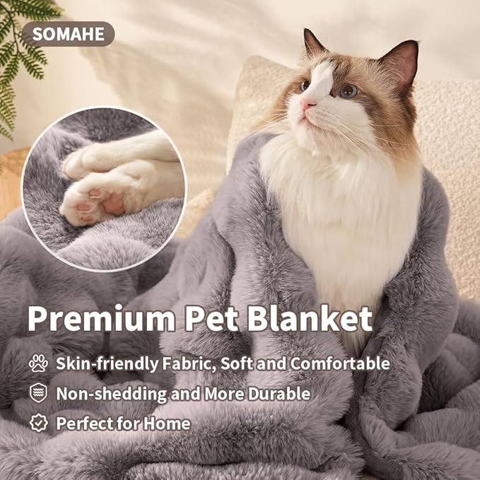 SOMAHE Self-Warming Cat Blanket for Indoor Cats & Small Dogs, Dual-Side Sherpa Plush Throw, Anti-Static Shared Couch Mat for Crate & Travel, Machine Washable No Shrink, 28x22 Inch Gray