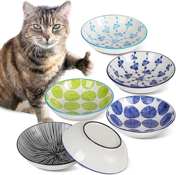 Ceramic Cat Bowls with Non-Slip Silicone Bottom,Prevent Whisker Fatigue,Reduce Mess,Wide Cat Bowls for Indoor Cats,6 Colorful Set for Daily Feeding Gift Choice (Classic)