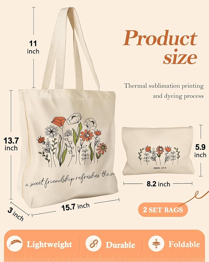 Miss Adola Aesthetic 2 Pack Canvas Tote Bag - with Makeup Zipper Pouch for Women Bag for Shopping, Gym, Travel, Vacation