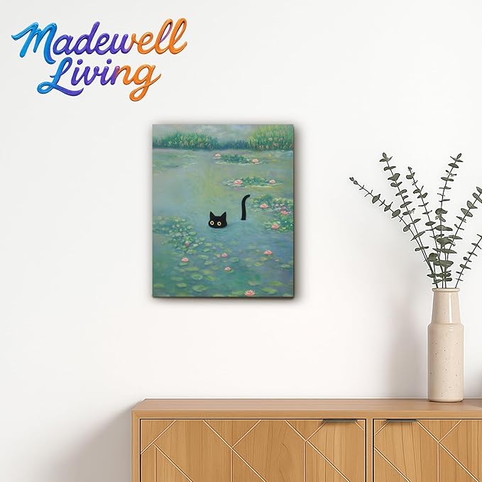 Funny Cat in Water Lilies Wall Art, Vintage Monet-Style Bathroom & Bedroom Decor, Ready to Hang Aesthetic Cat Gift for Dorm, Living Room, Wrapped Framed Canvas Print(11’’x14’’)