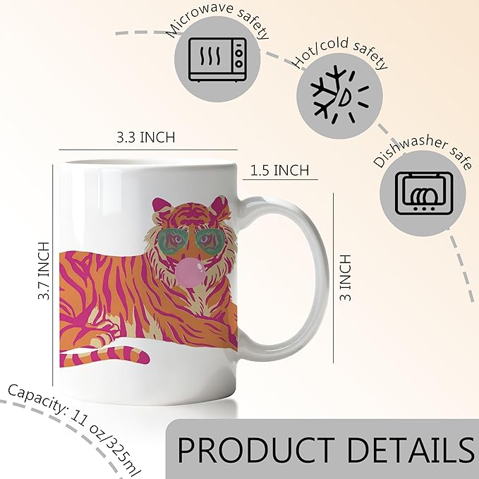 Pink and Orange Funny Tiger Mug, Gifts for Tiger Lovers Coffee Cup, Animal Lover Gifts for Women, Preppy Trendy Tigers Ceramic Coffee Mug 11 oz