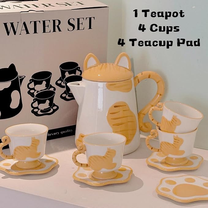 Ceramic Cat Tea Set,Cute Cat Paw Tea Mugs And Saucers Set Of 4,Perfect Cat Themed Gifts,Lovely Cat Decor,Tea Sets for Adults,Excellent Gift Idea For Cat Lovers (Black, 4)