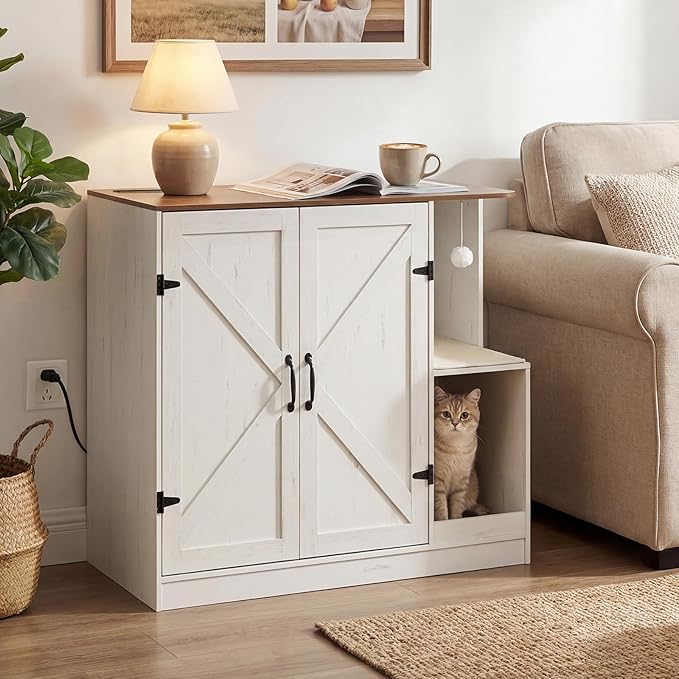 HOOBRO Farmhouse Cat Litter Box Enclosure, Automatic Cat Litter Box Cabinet with Charging Station, Hidden Cat Furniture with Hanging Ball & Sisal Mat, Tabletop & Hook, White and Walnut WH88UMW01