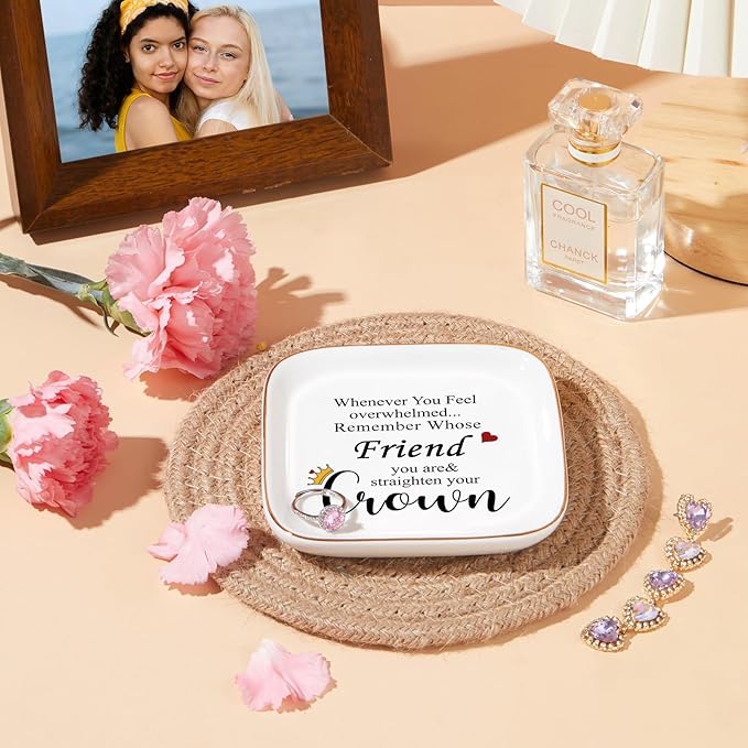 Friendship Gifts for Women Friends - "Straighten Your Crown" Ceramic Jewelry Dish, Best Friend Birthday Gifts for Women, Inspirational Bestie Gift Trinket Tray, Soul Sister Gift for Mothers Day