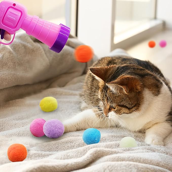 Andiker Cat Toy Balls Set, 30pcs Plush Cat Pom Pom Balls&a Plastic Launcher Set for Kitten Catch&Fetch Interactive Cat Toy with Colorful&Soft Cat Balls for Indoor Cats to Keep Fit (Pink 30pcs)