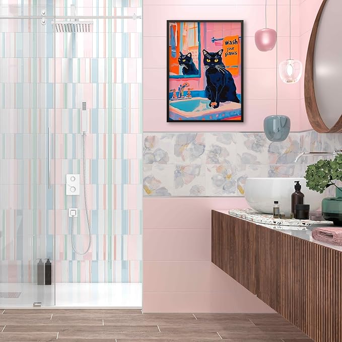 Black Cat Wash Your Paws Fun Wall Art Funky Colorful Bathroom Animal Poster Playful Kitsch Dopamine Aesthetic Canvas Pictures 24x36 inch Black Framed for Bathroom Wall Decor