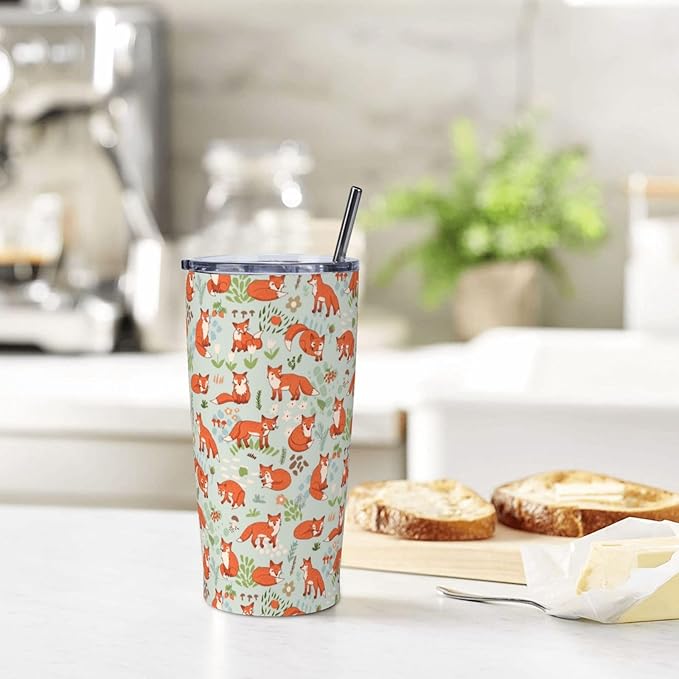Fox Tumbler 20oz Cute Foxes Stainless Steel Insulated Tumblers with Lid and Straw Animal Travel Coffee Mug Tea Wine Cups Water Bottle Fox Gifts for Women