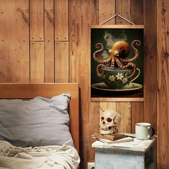 HEYJEEPER Whimsical Octopus in Teacup Wall Art Decor,14x18inch Gothic Dark Aesthetic Canvas Poster with Wood Frame, Retro Animal Poster for Kitchen,Living Room,Coffee Bar(Octopus)