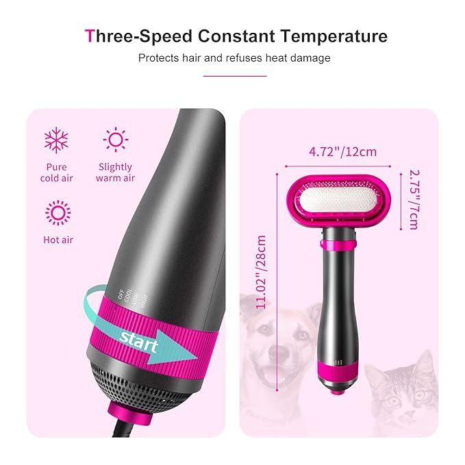 Dog Hair Dryer,2-in-1 Pet Hair Dryer & Brush,300W Pet Grooming Dryer, 360-Degree Circulation Out of The Wind,3-Speed Temperature Adjustment for Small/Medium-Sized Cats and Dogs