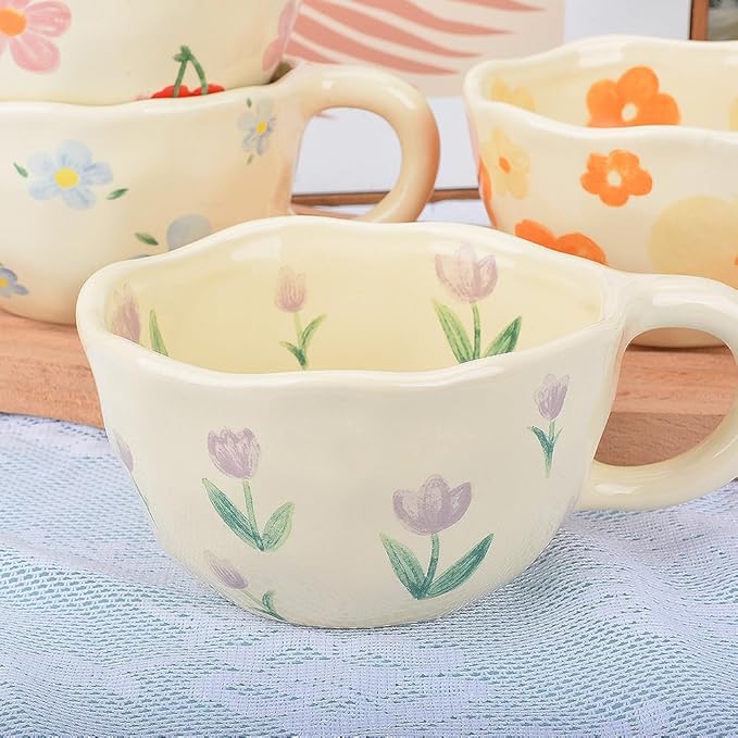 Cute Coffee Mug,Ceramic Tea cup,Kawaii coffee mugs,Handmade Creative Flower Pink mug with Spoon,Aesthetic mugs for milk Cappuccino Cocoa,8.5 oz Cheery Mug Gift for Women Christmas (Purple)