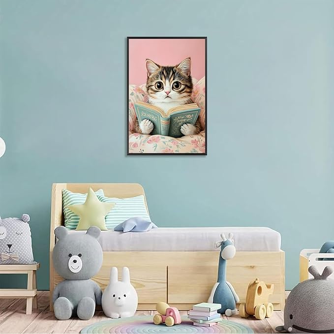 Funky Cute Cats Reading Books Canvas Wall Art Funny Pet Cat Animal Poster Trendy Pink Flower Wall Decor Cat Lovers Prints Painting For Home Bedroom Kids Room Dorm Wall Decor 8x12in Framed