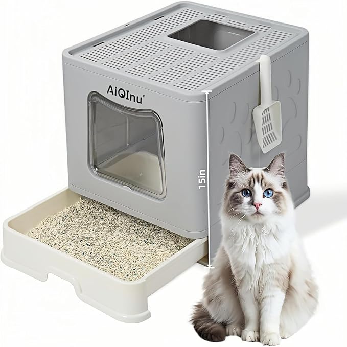 AiQInu Cat Litter Box wtih Lid and Scoop - Foldable Large Enclosed Litter Box with High Sided Enclosure, Front Entry Top Exit, Odor Control, Anti Leakage No Smell, Easy Cleaning Height 15 inches