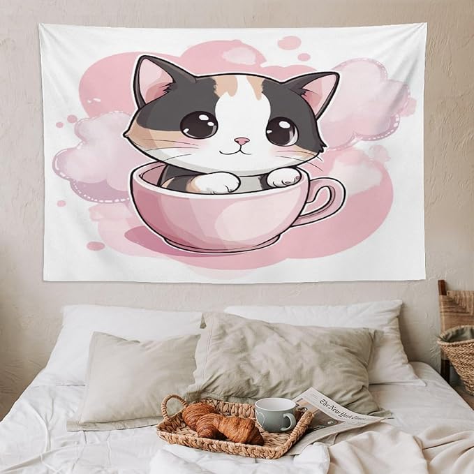 MaSiledy Kawaii Cat Tapestry's Wall Hanging Pink Smile Kitten Cat Face Meow Tapestry Aesthetic Landscape Tapestry Home Decoration for Bedroom Living Room Dorm 60"x90" Gift for Christmas