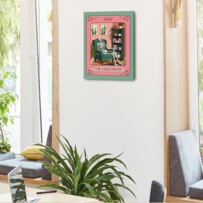 The Homebody Tarot Card Wall Art, Funny Skeleton Gothic Posters, Vintage Botanical Framed Canvas Prints Whimsical Decor, Books Poster for Living Room Entryway Book Shelf Bedroom 15x11.4 inch