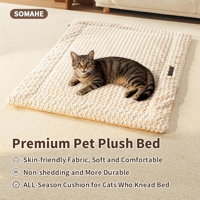 SOMAHE Plush Cat Kneading Bed Mat, Premium Plush Fabric Bed with Non-Slip Bottom, 3cm Thick All-Season Cushion for Cats Who Knead, Machine Washable Anti-Static Pet Bed, 23x15 Inch, Milk
