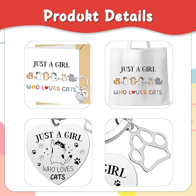 Cat Gifts Women Girls Presents - 5 Pcs Presents for Cat Lovers Including Cute Canvas Tote Bag, Makeup Bag, Card and Keyring for people who love cats Mum Auntie Wife Sisters Friends Teacher