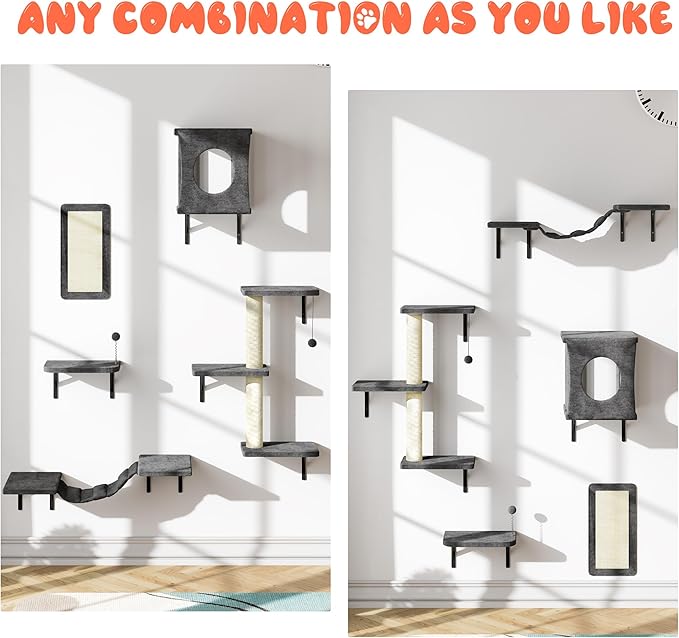 10 Pcs Cat Wall Shelves Set, Wall-Mounted Climber with Cat House, Scratching Post, Bridge, Hammock, Space-Saving Play Furniture, Grey
