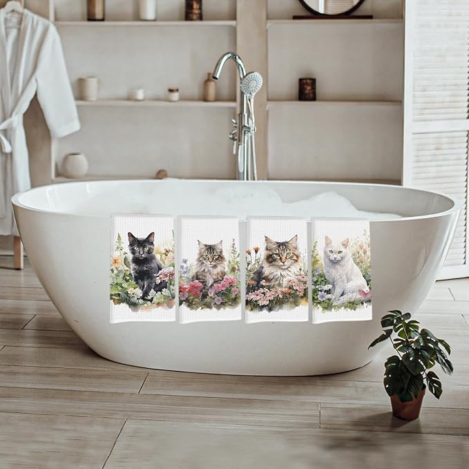 4 Pcs Watercolor Cat Kitchen Towels, Pastoral Flower Decorative Absorbent Microfiber Dish Cloth Tea Towel, Waffle Soft Hand Towels for Farmhouse Home Bathroom Kitchen Decor, Cat Lover Gifts for Women