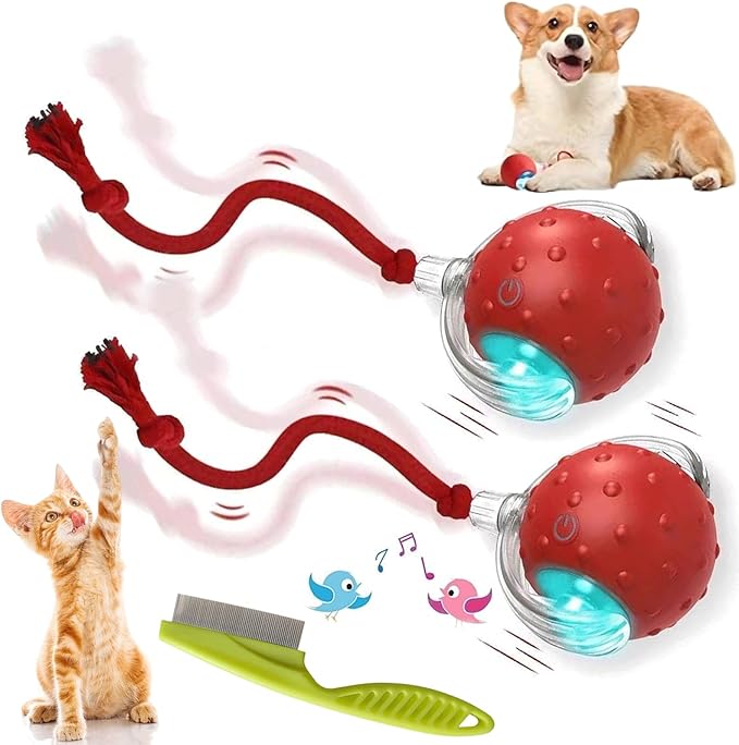 2026 New Dog Toy, Motion Dog Toy, Interactive Rolling Ball with Birdsong, Smart 360° Automatic Rolling Electric Dogs Ball Toys with Rope for Dogs and Cat Indoor Play (Red*2)