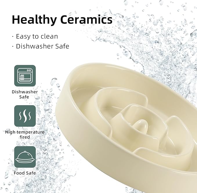 3.2 Cup Ceramic Raised Slow Feeder Dog Bowl Set, Elevated 8.2inch Bowl and 9.5inch Puzzle Slow Food Dish with Wooden Stand for Large Dog, Anti-Gulping (2 xLight Yellow+ Stand)