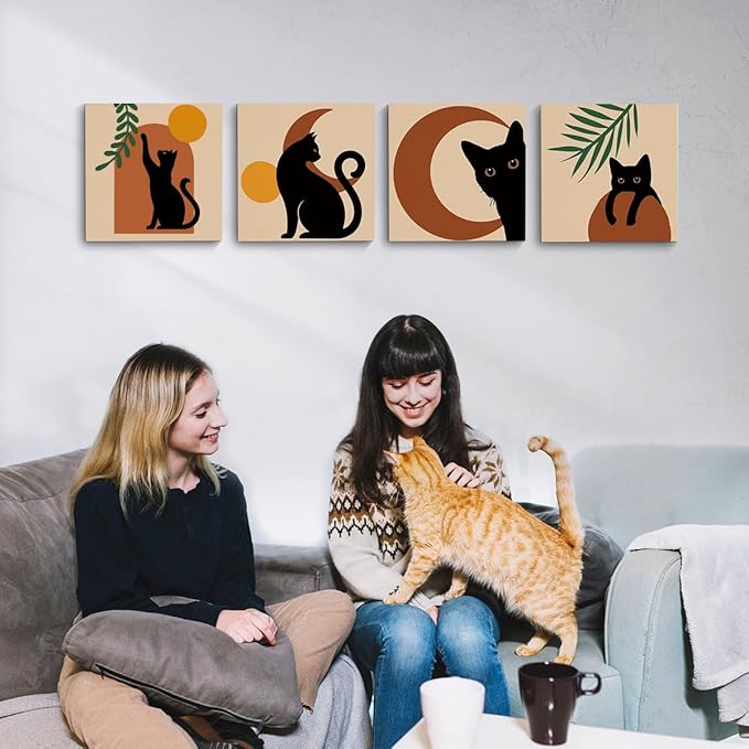 4 PCs Boho Cat Canvas Wall Art Framed Wall Decor, Botanical Wall Decor Bohemian Decor, Cat Lover Gifts, Cat Themed Gifts Art Prints Paintings, Cat Pictures Home Decor for Office Bedroom Farmhouse