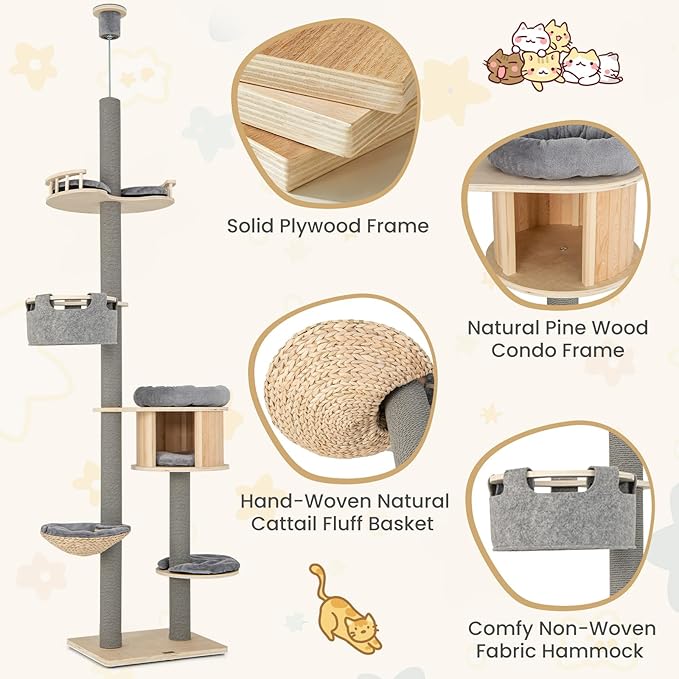 Tangkula Floor to Ceiling Cat Tree, 5 Tier Tall Cat Tower with Adjustable Height (100-110 Inch) for Large Cats, Wood Cat Climbing Pole with Cat Condo, Scratching Post, Cattail Basket Bed, Hammock
