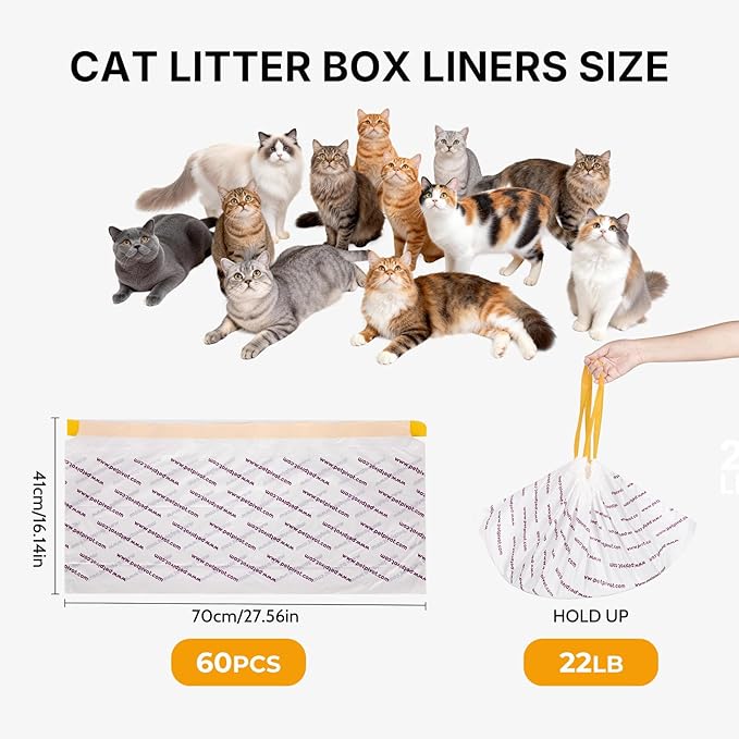 60 Count Automatic Cat Litter Box Bags Compatible with Autoscooper 11, 27.56"x16.14" Thick Replacement Liners for Self-Cleaning Cat Litter Box, Heavy Duty Disposable Waste Bags (3 Rolls, 20 Each)